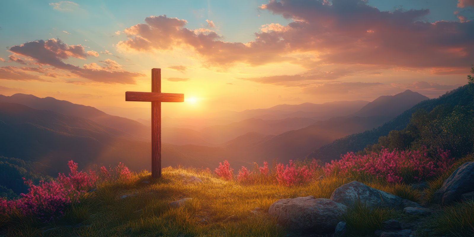 Serene sunset behind a wooden cross on a mountain top with blooming flowers in the foreground